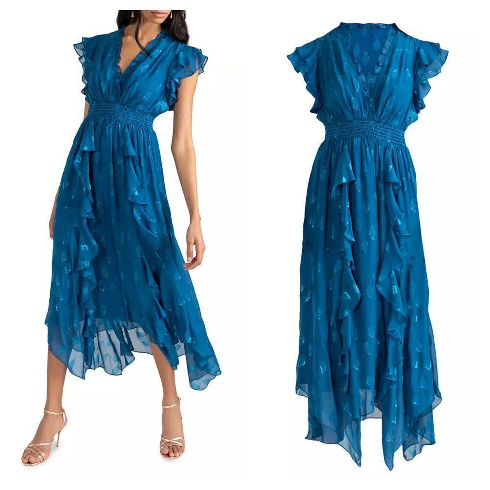 Shoshanna Maxine Metallic Midi Dress Ruffled In Dark Cerulean Blue Women's 6 New